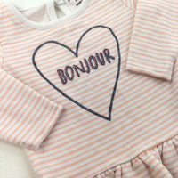 'Bonjour' Pink & White Stripe Long Sleeve Top - Girls 3-6 Months