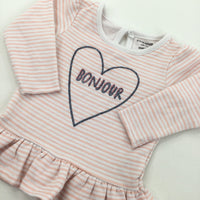 'Bonjour' Pink & White Stripe Long Sleeve Top - Girls 3-6 Months