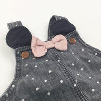 'Minnie Mouse' Embroidered Spotty Black Denim Dungaree Dress with Bow & Ears - Girls 12-18 Months