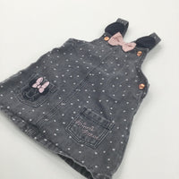 'Minnie Mouse' Embroidered Spotty Black Denim Dungaree Dress with Bow & Ears - Girls 12-18 Months