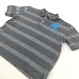 Embroidered Polo Motif Grey & Blue Striped Polo Shirt  - Boys 5-6 Years