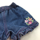 Flowers Embroidered Mid Blue Lightweight Denim Shorts - Girls 0-3 Months