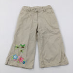 Colourful Flowers Embroidered Beige Cropped Trousers - Girls 7-8 Years