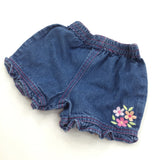 Flowers Embroidered Mid Blue Lightweight Denim Shorts - Girls 0-3 Months