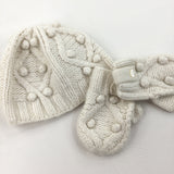 Bobbles Cream Hat & Mitts - Girls 6-9 Months