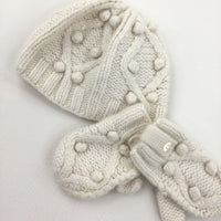 Bobbles Cream Hat & Mitts - Girls 6-9 Months