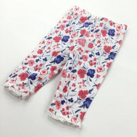 Flowers Blue, Red & White Leggings with Lacey Hems - Girls 0-3 Months
