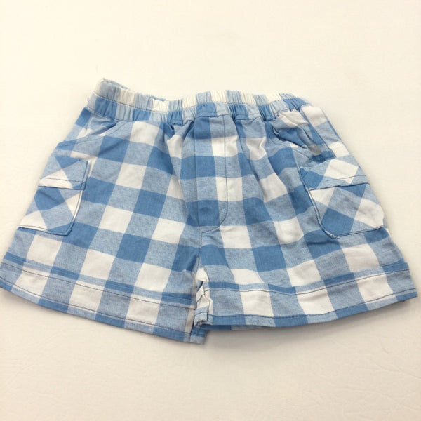 Blue & White Checked Lightweight Cotton Twill Shorts - Boys 3-6 Months