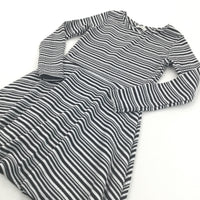 Black & White Striped Polyester Dress - Girls 5-6 Years