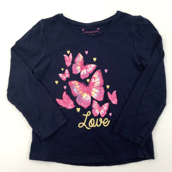 'Love' Butterflies Navy Long Sleeve Top - Girls 4-5 Years