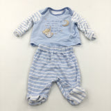 'Max & Millie…' Appliqued Blue & White Pyjamas with Enclosed Feet - Boys Newborn