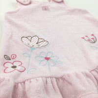 Flowers Embroidered Pale Pink Velour Dress - Girls 3-6 Months