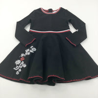 Flowers Embroidered Black, Red & White Polyester Dress - Girls 6-7 Years