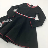 Flowers Embroidered Black, Red & White Polyester Dress - Girls 6-7 Years