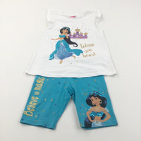 'Follow Your Heart' Princess Jasmine Aladdin White T-Shirt & Blue Jersey Shorts Set - Girls 6-7 Years