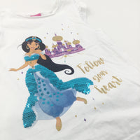 'Follow Your Heart' Princess Jasmine Aladdin White T-Shirt & Blue Jersey Shorts Set - Girls 6-7 Years