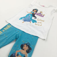 'Follow Your Heart' Princess Jasmine Aladdin White T-Shirt & Blue Jersey Shorts Set - Girls 6-7 Years