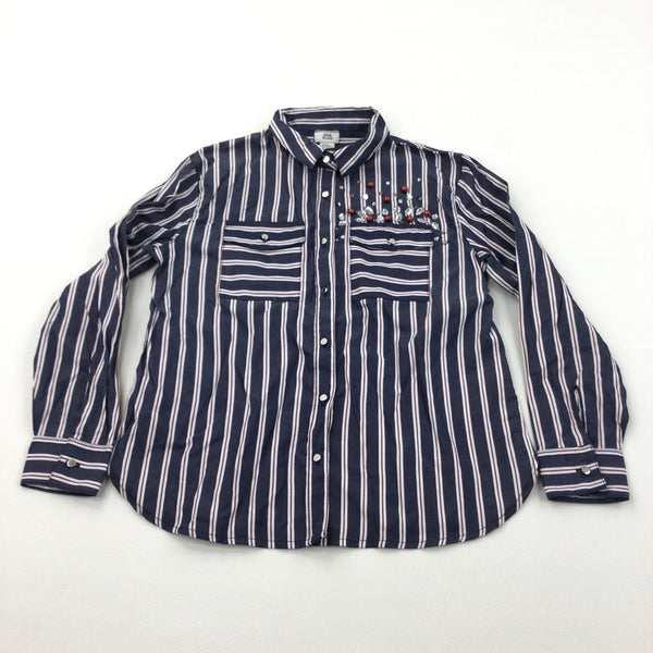 Beaded Navy, Red & White Striped Cotton Blouse/Shirt - Girls 7-8 Years
