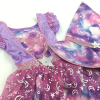 **NEW** Moon & Stars Purple & Pink Dress with Matching Witch Hat - Girls 6-9 Months- Halloween