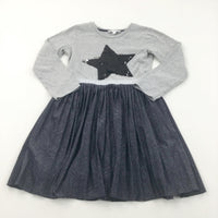 Sequin Flip Star Grey & Navy Jersey Dress - Girls 6-7 Years