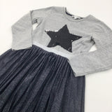 Sequin Flip Star Grey & Navy Jersey Dress - Girls 6-7 Years