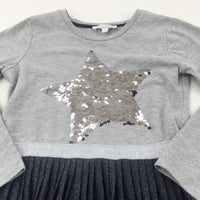 Sequin Flip Star Grey & Navy Jersey Dress - Girls 6-7 Years