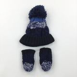 Blue & Navy Knitted Bobble Hat & Mittens Set - Boys 0-6 Months