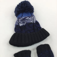 Blue & Navy Knitted Bobble Hat & Mittens Set - Boys 0-6 Months