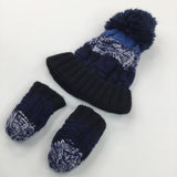 Blue & Navy Knitted Bobble Hat & Mittens Set - Boys 0-6 Months