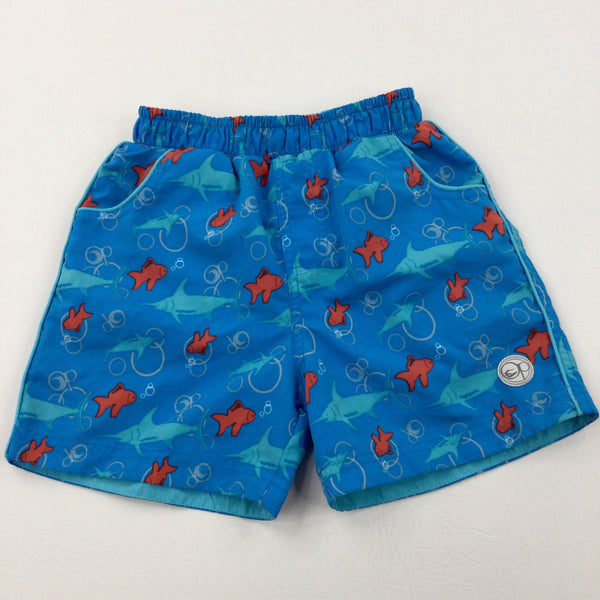 Sharks & Fishes Blue Swim Shorts - Boys 5-6 Years