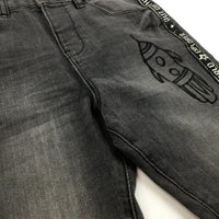 'Out Of this World' Rocket Embroidered Charcoal Denim Jeans With Adjustable Waist - Boys 5-6 Years