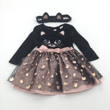 **NEW** Cat Appliqued Rose Gold & Black Dress with Matching Headband - Girls 6-9 Months - Halloween