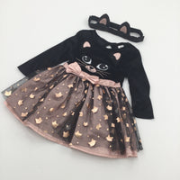**NEW** Cat Appliqued Rose Gold & Black Dress with Matching Headband - Girls 6-9 Months - Halloween