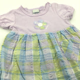 Flower Appliqued Lilac, Green & Blue Cotton & Jersey Dress - Girls 0-3 Months