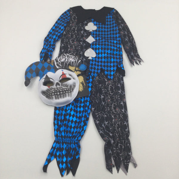 **NEW** Spooky Jester Black & Blue Shiny Costume with Matching Mask - Boys/Girls 7-8 Years - Halloween