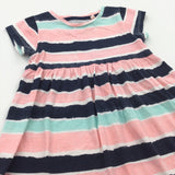 Navy, Pink, Blue & White Striped Lightweight Jersey Dress - Girls 12-18 Months