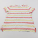 Coral Pink, White & Yellow Striped T-Shirt - Boys 7-8 Years