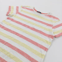 Coral Pink, White & Yellow Striped T-Shirt - Boys 7-8 Years