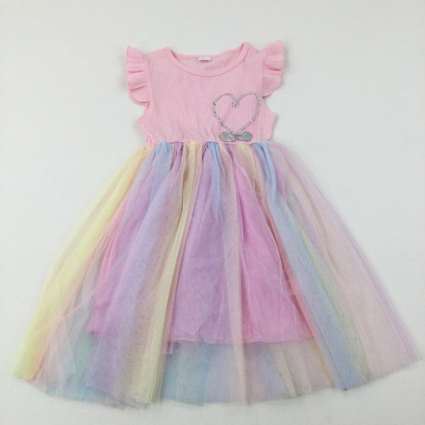 Heart Embroidered Rainbow Pink Short Sleeve Dress - Girls 8-9 Years