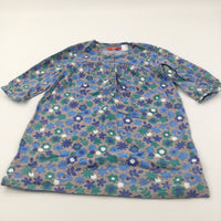 Flowers Blue, Green & Grey Smock Style Cotton Dress - Girls 7-8 Years