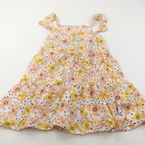 Flowers Peach, White & Yellow Lightweight Cotton Sun Dress - Girls 7-8 Years