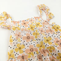 Flowers Peach, White & Yellow Lightweight Cotton Sun Dress - Girls 7-8 Years