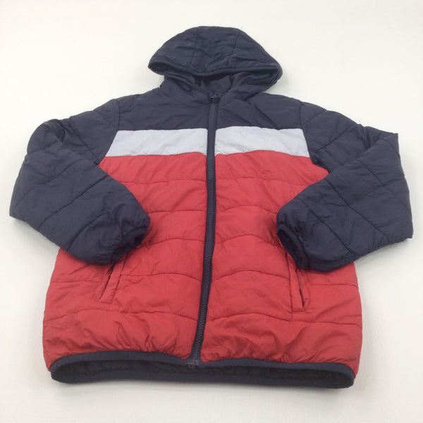 Navy, Grey & Red Down Jacket with Hood - Boys 8-9 Years