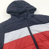 Navy, Grey & Red Down Jacket with Hood - Boys 8-9 Years