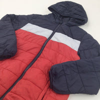 Navy, Grey & Red Down Jacket with Hood - Boys 8-9 Years