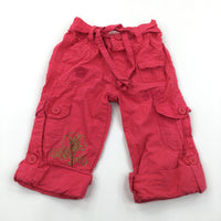 Flowers Dark Coral Pink Cotton Cargo Trousers - Girls 6-9 Months