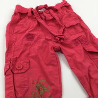 Flowers Dark Coral Pink Cotton Cargo Trousers - Girls 6-9 Months