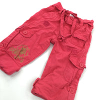 Flowers Dark Coral Pink Cotton Cargo Trousers - Girls 6-9 Months