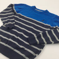 'Kangol' Blue, Navy & Grey Striped Knitted Jumper - Boys 8-9 Years