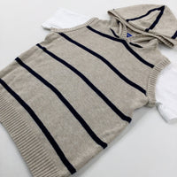 Light Stone & Navy Striped Short Sleeve Jumper With Hood - Boys 2-3 Years